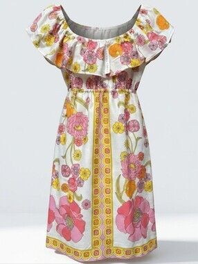 Trina Turk Floral Off The Shoulder 100% Cotton Shift Dress Sz.2 Mod Retro Boho
